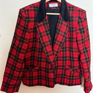 Vtg. Alfred Dunner Blazer Plaid Red Black Tartan Wool Blend Velvet Collar 16P